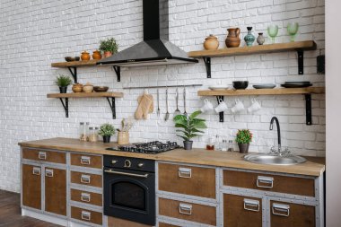 Modern iç mekan, yeni mobilya, lavabo, gaz sobası, fırın ekipmanı, kaput, mutfak gereçleri ve yeşil ev bitkisi dekoru olan ahşap mutfak cephesinin yan görünüşü