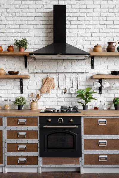 Gaz Sobası Fırın Ekipmanı Mutfak Kaputu Mutfak Gereçleri Yeşil Dekoru — Stok fotoğraf