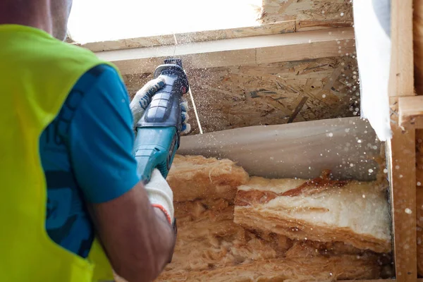 Building Construction Concept Cropped View Professional Worker Using Electric Saw — Stock Photo, Image