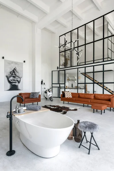 明るいバスルームと居心地の良いリビングルーム 白い快適なバスルーム ソファと背景に家の装飾と現代の家の部屋の垂直写真 — ストック写真