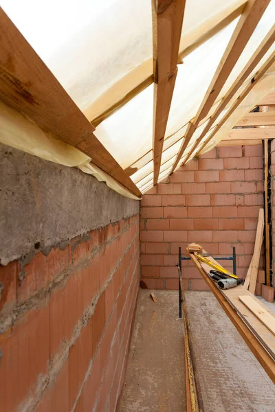 Conceito Melhorias Construção Vista Vertical Nova Casa Construção Com Pranchas — Fotografia de Stock