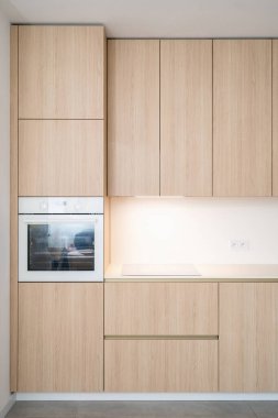 Çağdaş mutfağın dikey çekimlerinde hafif ahşap dolaplar, elektrikli indüksiyon aleti ve dahili mikrodalga fırın bulunur. Bir apartman dairesinde minimalist tarz kavramları