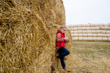Samanlıkta oynayan mutlu okul çocuğu. Kırmızı ceketli sarışın çocuk. Ekolojik çiftlikte tatil. Tarım eğitimi.