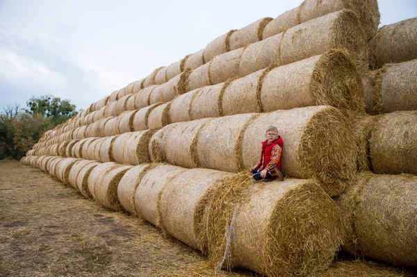 Happy School Boy Playing Haystack Blond Child Red Jacket Holiday — Stock Photo, Image
