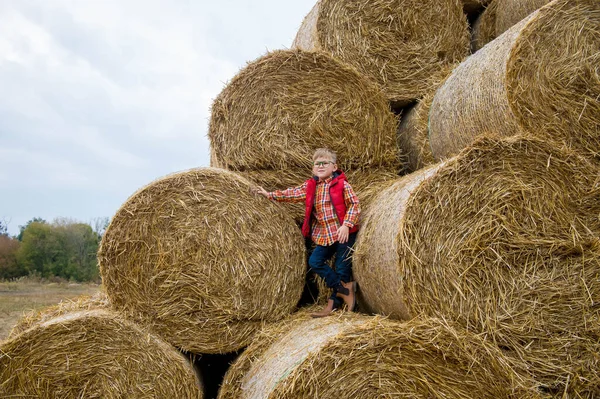 Happy School Boy Playing Haystack Blond Child Red Jacket Holiday — Stock Photo, Image