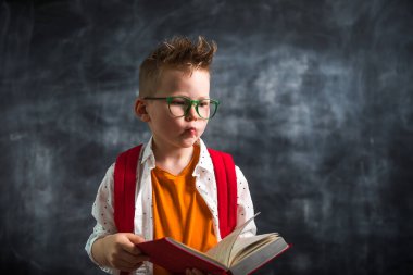 Elinde kitap olan bir çocuk. Akıllı çocuk tahtaya karşı bir kitap okudu.