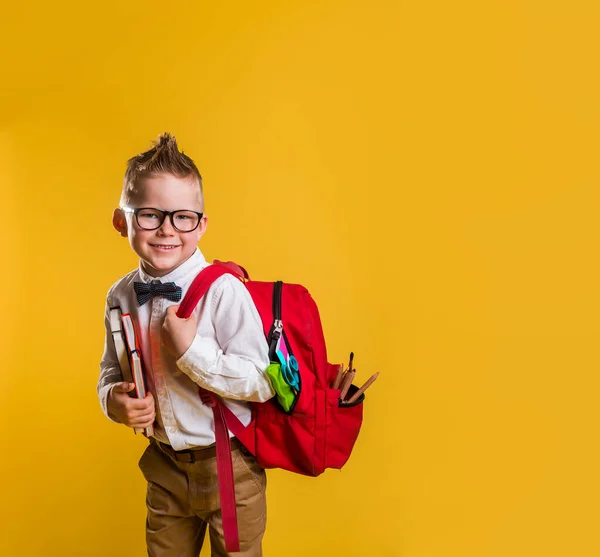 Glad Skolpojke Med Ryggsäck Och Böcker Isolerade Gul Bakgrund Tillbaka — Stockfoto