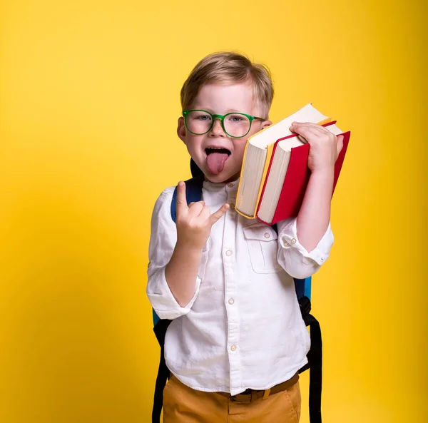 Kleiner Junge Mit Brille Und Buch Auf Dem Kopf Bildung — Stockfoto