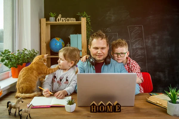 Work Home Man Works Laptop Children Playing Family Together Online — Stock Photo, Image