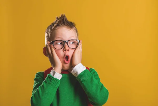 Portrait Surprised Little Boy Glasses Isolated Yellow Background Back School — Stock Photo, Image