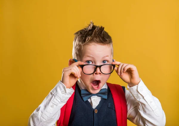 Lustige Kleine Junge Überrascht Zurück Zur Schule Kind Brille Mit — Stockfoto