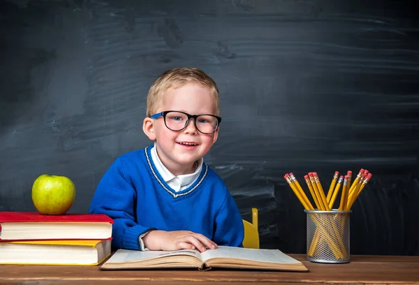 Retrato Niño Inteligente Lugar Trabajo Con Libros Lápices Escritorio — Foto de Stock