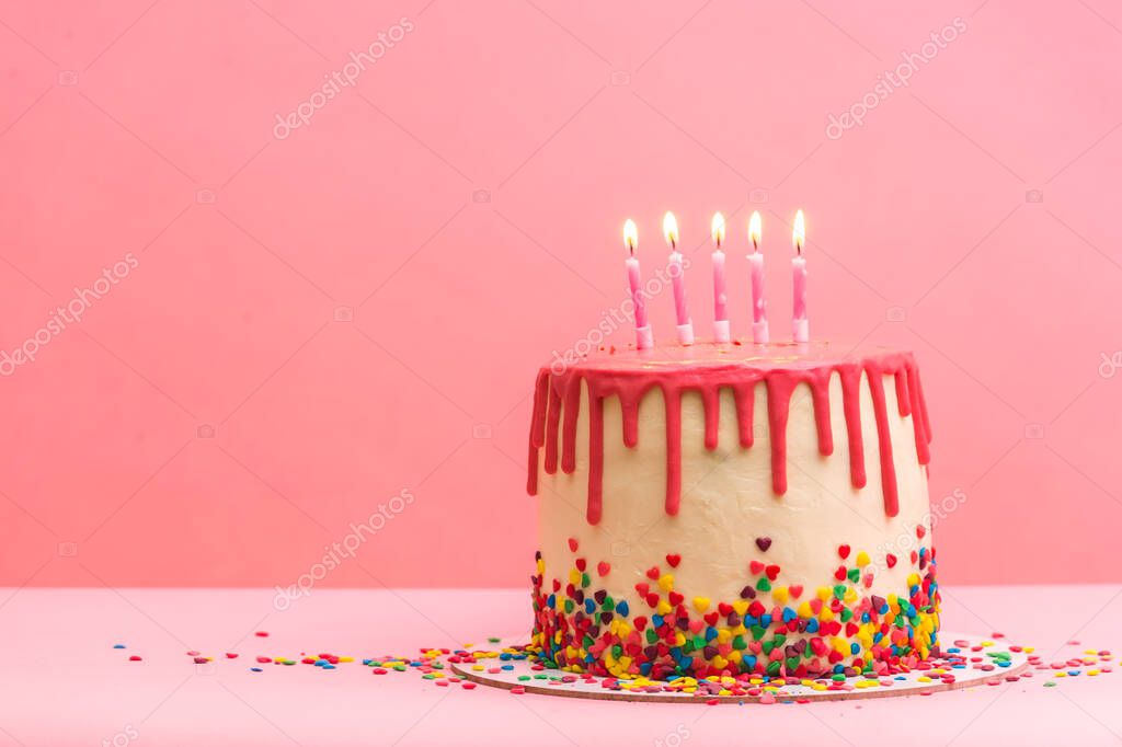 Cake And Presents Girl Birthday Mother S Day Pink Cake With Five Candles Sweet Party Place For Text Happy Birthday And Holiday Concept Congratulation 397627504 Larastock