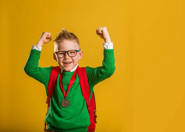 Criança Expressiva Feliz Com Medalha Isolada Amarelo Volta Escola Criança — Fotografia de Stock