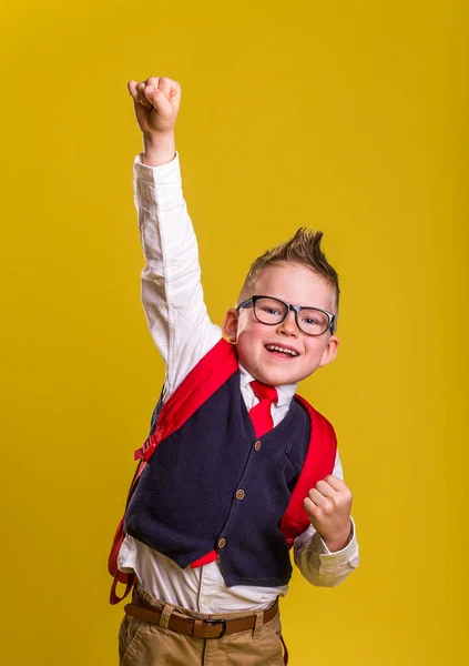 Joyeux Petit Garçon Lunettes Avec Sac Dos Rouge Sautant Elève — Photo