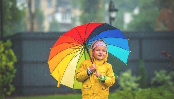 Стильный Малыш Забавная Девочка Красочным Зонтиком Осенним Осадком Счастливый Ребенок — стоковое фото