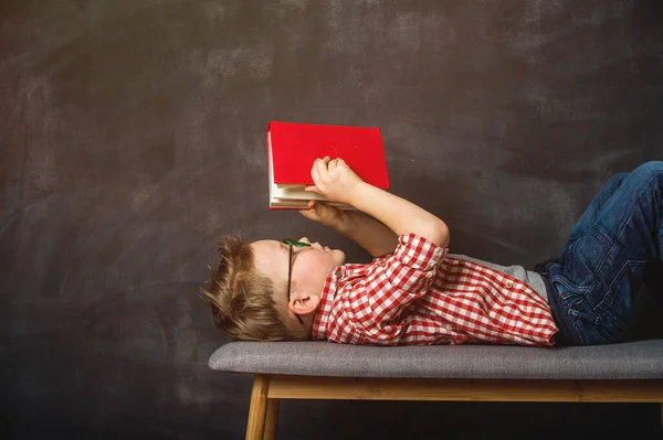 Niño Pequeño Está Leyendo Libro Mientras Está Acostado Banco Fondo — Foto de Stock