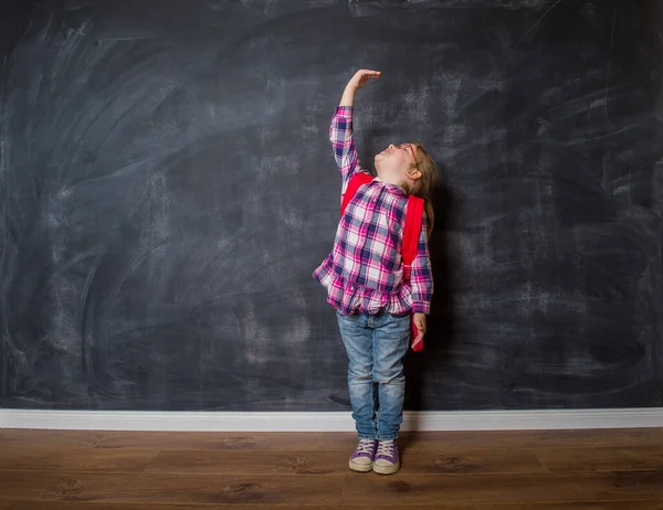 Child Measuring Size Blackboard Back School Kid Girl Backpack Ready — Stock Photo, Image