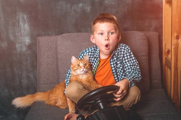 孩子们在玩游戏机 有趣的孩子和他的朋友红猫在家里玩耍 男孩在家里很放松 — 图库照片