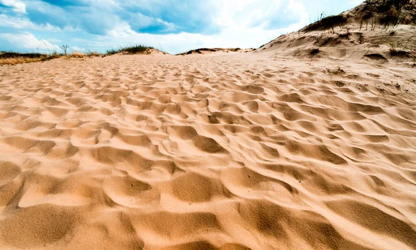 Beautiful texture of desert sand dunes. Sandy dunes with footprints and a few small bushes with beautiful blue cloudy sky in Oleshky Sands, Kherson region, Ukraine. The largest desert in Europe — Stock Photo, Image