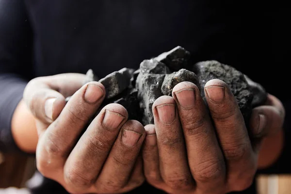 Coal miner in the man hands of coal background. Coal mining or energy source, environment protection. Industrial coals. Volcanic rock.