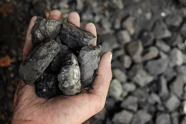 Mann Hält Kohle Der Hand Kohlebergbau — Stockfoto