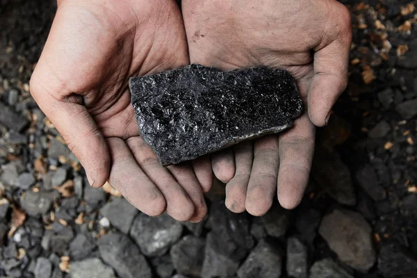 Coal miner in the man hands of coal background. Coal mining or energy source, environment protection. Industrial coals. Volcanic rock.