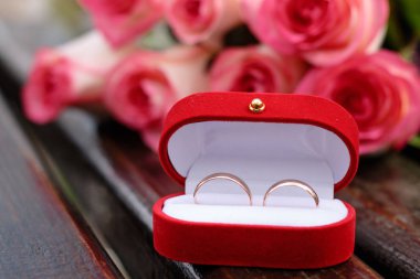 İki güzel altın alyans kırmızı bir kutu içinde