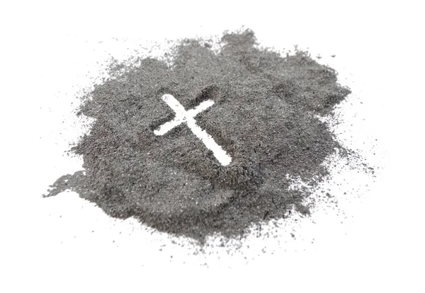 キリスト教の十字架 または十字架の灰 図面ほこりまたはイエス キリストの宗教 リデンプション シンボルとして砂灰の水曜日 灰の水曜日のコンセプト — ストック写真
