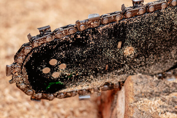Вид с близкого расстояния на бензопилу и режущую цепь. Грязное лезвие
