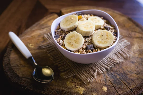 Cereales Semillas Avena Rodajas Plátano Una Comida Saludable Para Desayuno —  Fotos de Stock