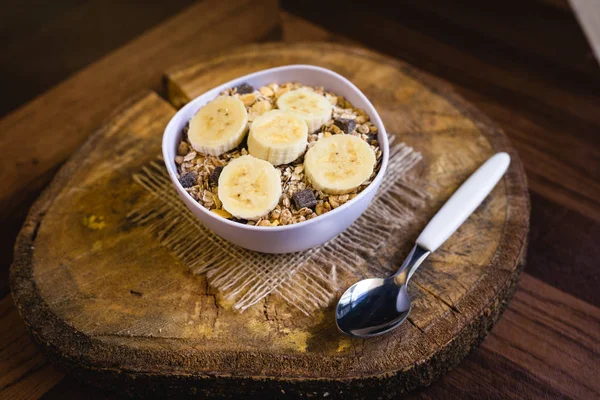 Zbóż Nasion Owies Banan Plasterki Zdrowy Posiłek Śniadanie Lub Południu — Zdjęcie stockowe