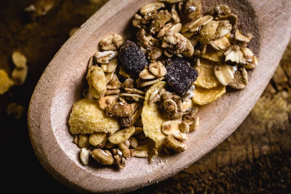Imagen Una Cuchara Madera Vieja Con Avena Cereal Semillas Ingredientes — Foto de Stock