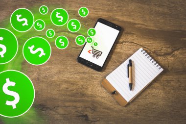 Birkaç genel dolar işaretleri, bir çevrimiçi satın alma veya satış simgeleyen