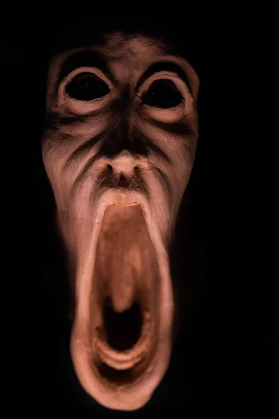 Image of a panicked face screaming in fear. Picture of dread, halloween or day of the dead. halloween 2019, concept of terrified or something macro.