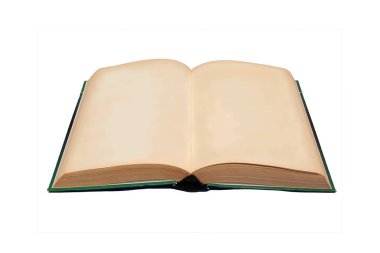 Eski bir kitap, açık ve sayfalarınızdaki metin olmadan resmi. Beyaz arka plan ile izole