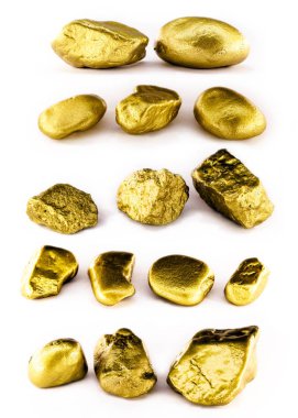 Collection of gold nuggets on isolated white background. High resolution photo of gold stones. Concept of luxury and wealth. clipart
