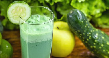 Koyu ahşap arka plan üzerinde yeşil yüzlü. Sağlıklı smoothie bitkisel kokteyl. Yeşil meyve ve sebzeler. Sağlıklı gıda ve diyet konsepti.