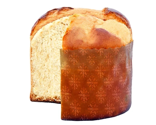 Panettone, típico pan dulce brasileño servido como postre para las celebraciones de Navidad y Año Nuevo. Mockup panettone para uso publicitario, fondo blanco aislado . —  Fotos de Stock