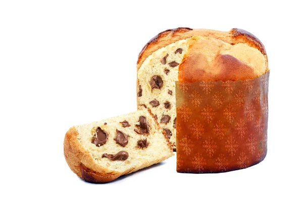 Czekolada nadziewane Panettone, typowy brazylijski słodki chleb służył jako deser na święta Bożego Narodzenia i nowego roku uroczystości. Znany jako chocotone. Świąteczne jedzenie na białym tle. — Zdjęcie stockowe