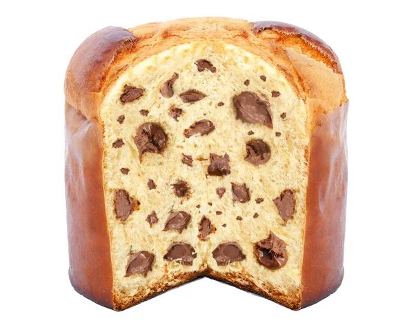 Σοκολάτα γεμιστό Panettone, τυπικό βραζιλιάνικο γλυκό ψωμί σερβίρεται ως επιδόρπιο για τα Χριστούγεννα και Πρωτοχρονιά γιορτές. Γνωστός ως τσικοτόνς. Χριστουγεννιάτικα φαγητά απομονωμένα σε λευκό φόντο. — Φωτογραφία Αρχείου