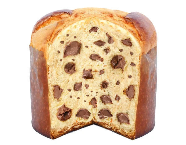 Schokoladengefüllter Panettone, typisch brasilianisches süßes Brot, das als Dessert für Weihnachts- und Neujahrsfeiern dient. bekannt als Chocotone. Weihnachtsessen isoliert auf weißem Hintergrund. — Stockfoto