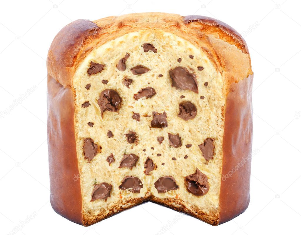 chocolate stuffed panettone, typical Brazilian sweet bread served as a dessert for Christmas and New Year celebrations. Known as chocotone. Christmas food isolated on white background.