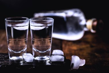 Ahşap arka planda tonik, votka ve buz içeren soğuk kokteyl. Dünya Votka veya Brendi Günü