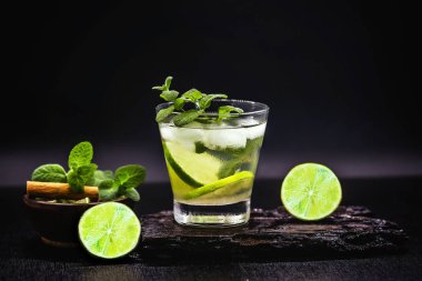 Mojito is a white rum-based cocktail from Cuba. It is known to have flourished in Havana night using native Caribbean ingredients. Typical summer tourist drink. clipart