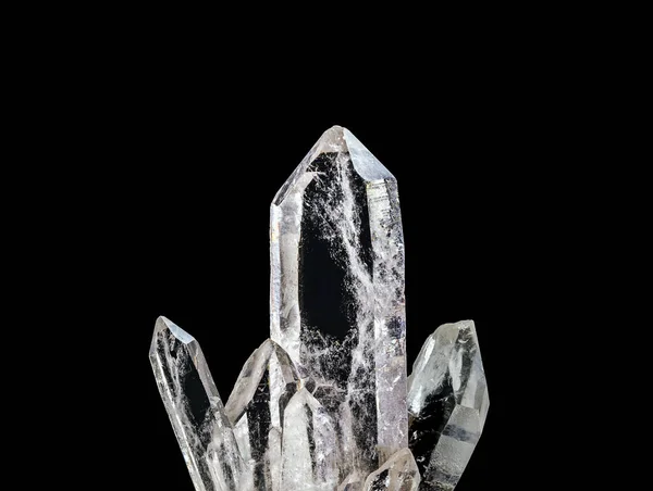Macro photography of natural minerals from geological collection - clear quartz stone (rhinestone) on isolated black background. Zen meditation or relaxation concept. — Stock Photo, Image