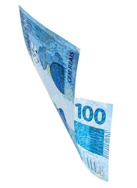 Brezilya 'dan gelen 100 reais banknot izole edilmiş beyaz arka plana düşüyor