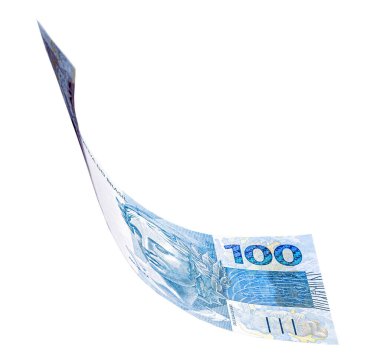 Brezilya 'dan gelen 100 reais banknot izole edilmiş beyaz arka plana düşüyor