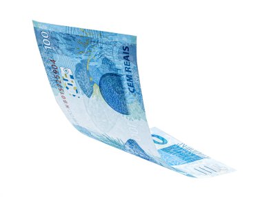 Brezilya 'dan gelen 100 reais banknot izole edilmiş beyaz arka plana düşüyor