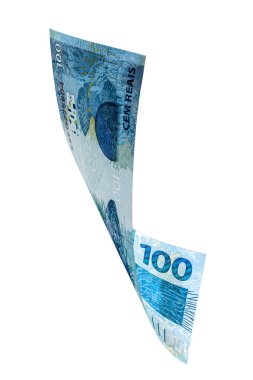 Brezilya 'dan gelen 100 reais banknot izole edilmiş beyaz arka plana düşüyor